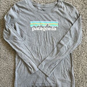 Patagonia Gray Long Sleeve Tee with Colorful Logo Stripe